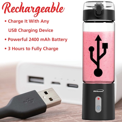 Brentwood 17-Oz. Portable Battery-Operated USB-Chargeable Glass Blender, Black (RJB-100BK)