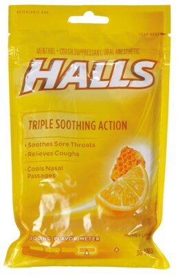 Halls Triple Action Cough Drops, Honey Lemon, 30/Pack (62183/5306-OWN)