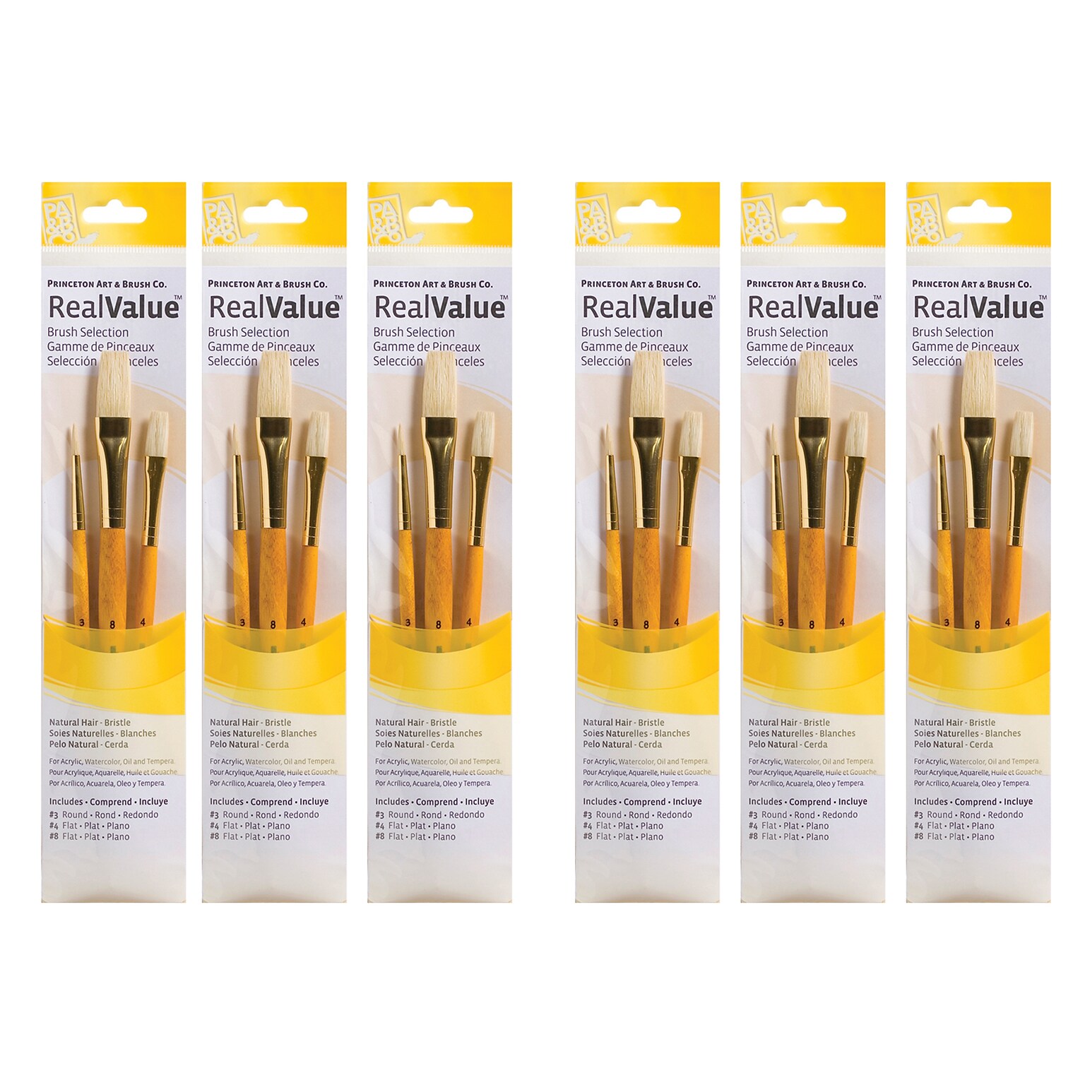 Princeton RealValue Short Handle Mixed Media Natural Variety Brush Set, 3/Set, 6 Sets/Bundle (PBXPR9103-6)