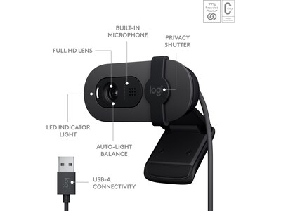 Logitech Brio 100 Full HD 1080p Webcam, 2 Megapixels, Graphite (960-001580)