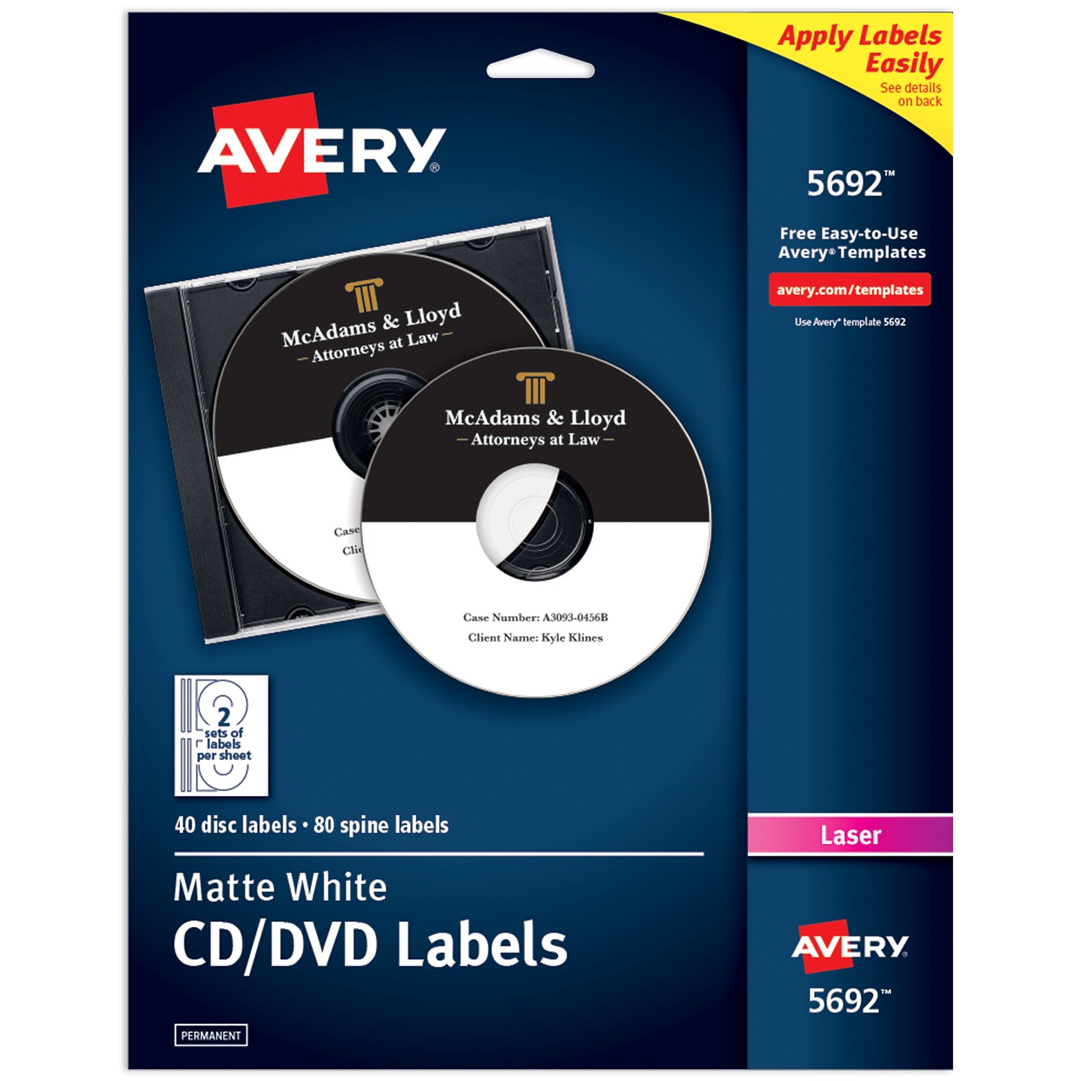 Avery CD Labels, White, Permanent Adhesive, Laser Printers, 40 Blank CD Labels & 80 Spine Labels (5692)