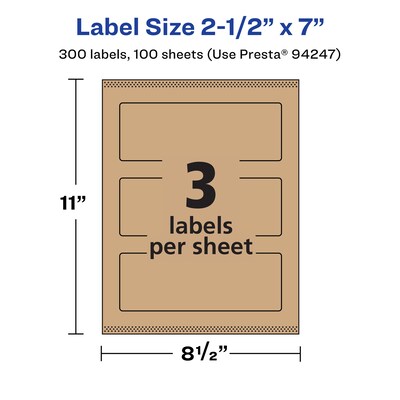Avery Laser/Inkjet Rectangle Multipurpose Labels, 2.5" x 7", Kraft Brown, 300 Labels/Box ( 94247)