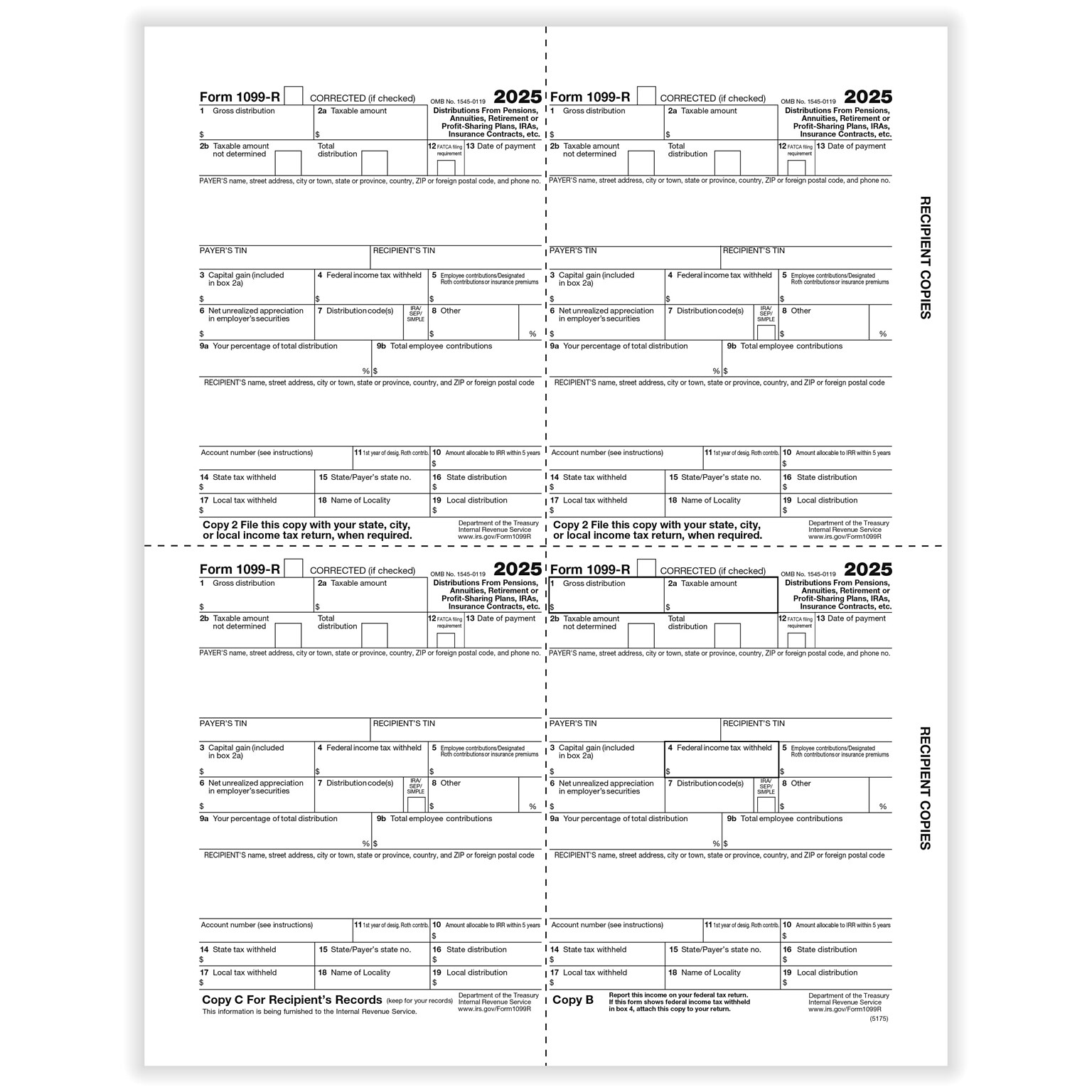 ComplyRight 2025 1099-R Tax Form, 4-Up, 500/Pack (5175B)