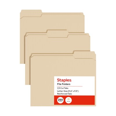 Staples Reinforced File Folders, Letter Size, 1/3-Cut Tabs, Assorted Positions, Manila, Heavy-Duty Construction, 250/Box