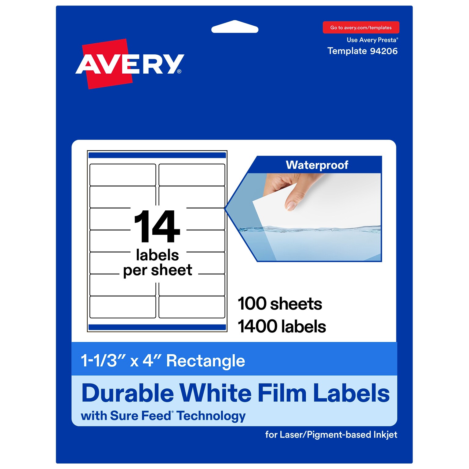 Avery Laser/Inkjet Waterproof Multipurpose Rectangle Labels, 1.33 x 4, White, 1400 Labels/Box (94206)