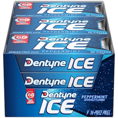Dentyne Ice Sugar Free Peppermint Gum, 16 Pieces/Pack, 9 Packs/Box (VAM05111)