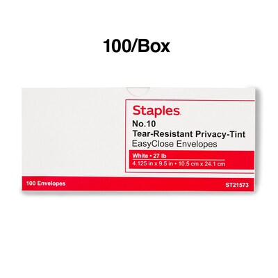 Staples Tear-Resistant EasyClose Security Tinted #10 Business Envelopes, 4 1/8" x 9 1/2", White, 100/Box (21573)