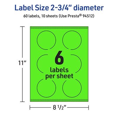 Avery Laser/Inkjet Multipurpose Circle Labels, 2.75" Dia., Neon Green, 60/Pack (94512)