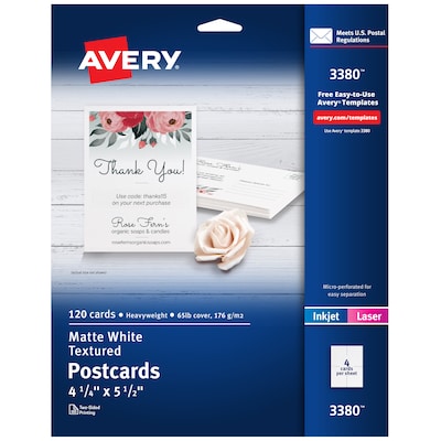 Avery Postcards, Textured White, 4.25 x 5.5, Inkjet, 120/Pack (03380)