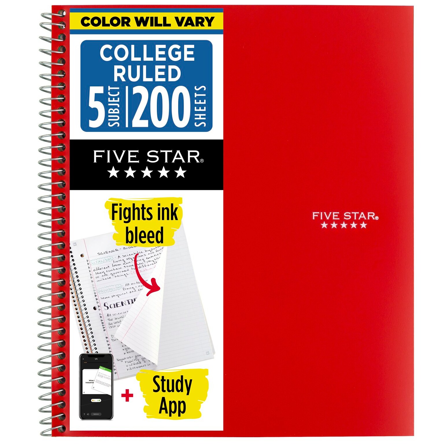 Five Star 5-Subject Composition Notebooks, 8.5 x 11, College Ruled, 200 Sheets, Color Chosen at Random (06112/06208)