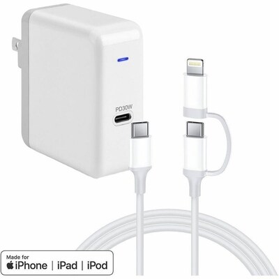 4XEM 2-in-1 USB-C with Lightning Adapter Charging Kit for Apple iPhone/Ipad/iPod, White (4X30W2N1KIT3)