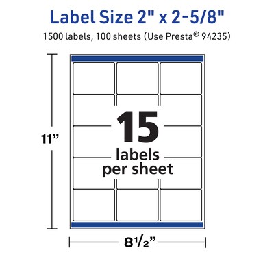 Avery Laser/Inkjet Multipurpose Labels, White, 15 Labels/Sheet, 100 Sheets/Pack (94235-TWMP100)