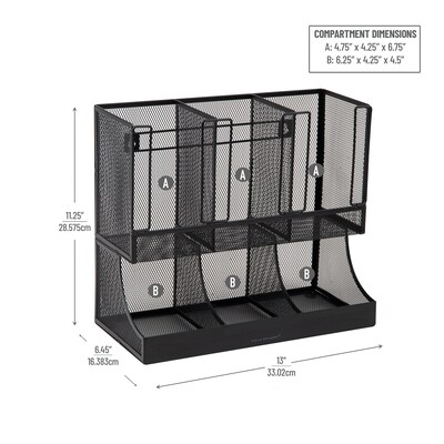 Mind Reader 6 Compartment Metal Coffee Cup and Condiment Organizer, Black (UPMESH-BLK)
