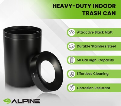 Alpine Industries Stainless Steel Trash Can, 50 Gallon, Black (ALP475-50-BLK)