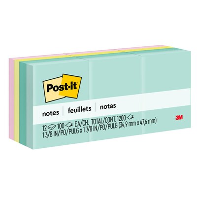 Post-it Notes, 1 3/8 x 1 7/8, Beachside Café Collection, 100 Sheets/Pad, 12 Pads/Pack (653-AST)