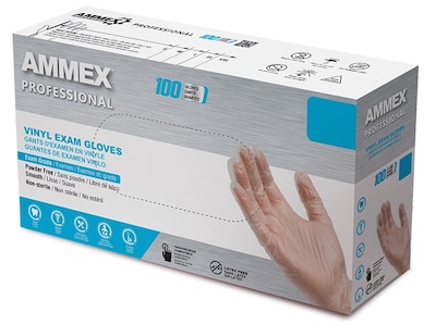 Ammex Professional VPF Powder Free Vinyl Exam Gloves, Latex-Free, Clear, X-Large, 100/Box (VPF68100)