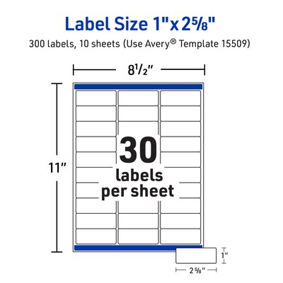 Avery Waterproof Film Laser Address Labels, 1" x 2-5/8", White, 300 Labels/Pack (15509)