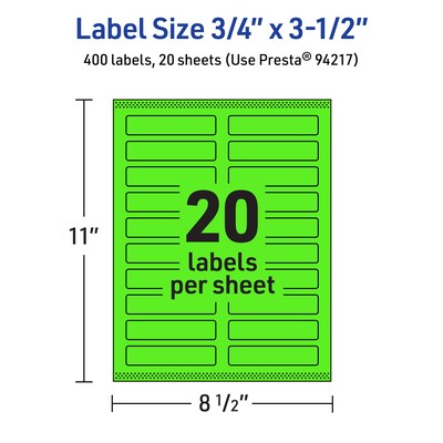 Avery Laser/Inkjet Multipurpose Rectangle Labels, 0.75" x 3.5", Neon Green, 400/Pack (94217)