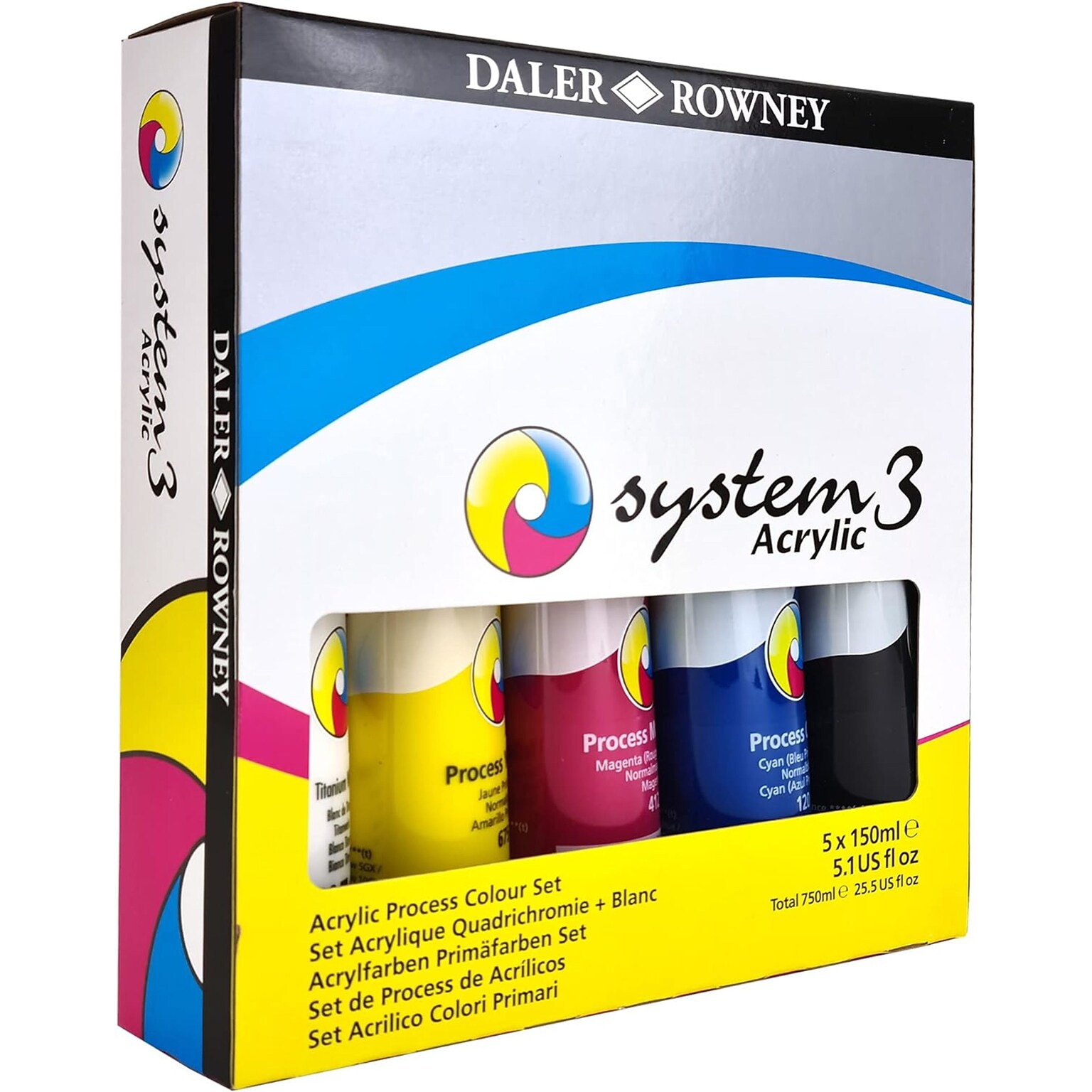 Daler-Rowney System3 Acrylic Paint Jumbo Process Set, Assorted Colors, 150ml, 5 Pieces (DRW129100150)