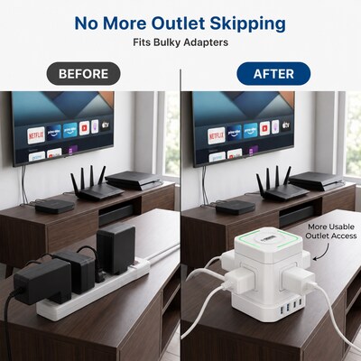 Uncaged Ergonomics Wireless Cube Power Strip with 15W Wireless Charger, 4 AC Outlets, 4 USB Ports, 10' Cord, White (WC-10-W)