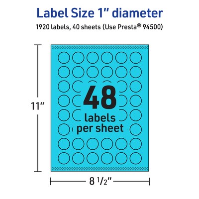 Avery Laser/Inkjet Multipurpose Circle Labels, 1" Dia., Bright Blue, 1920/Pack (94500)