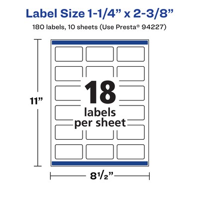 Avery Laser/Inkjet Waterproof Multipurpose Rectangle Labels, 1.25" x 2.375", White, 180 Labels/Pack (94227)