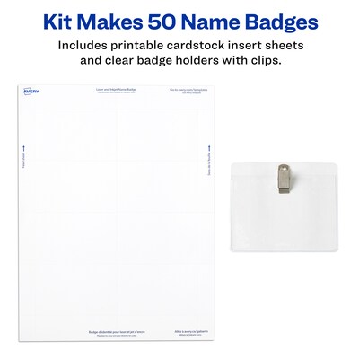 Avery Clip Style Laser/Inkjet Name Badge Kit, 3" x 4", Clear Holders with White Inserts, 50/Box (74536)