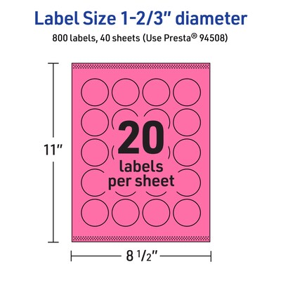 Avery Round Laser/Inkjet Multipurpose Labels, 1-2/3" Dia, Bright Pink (800/Box)