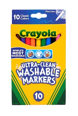 Crayola Ultra-Clean Washable Markers, Fine Line, Assorted Colors,  10/Box (58-7852)