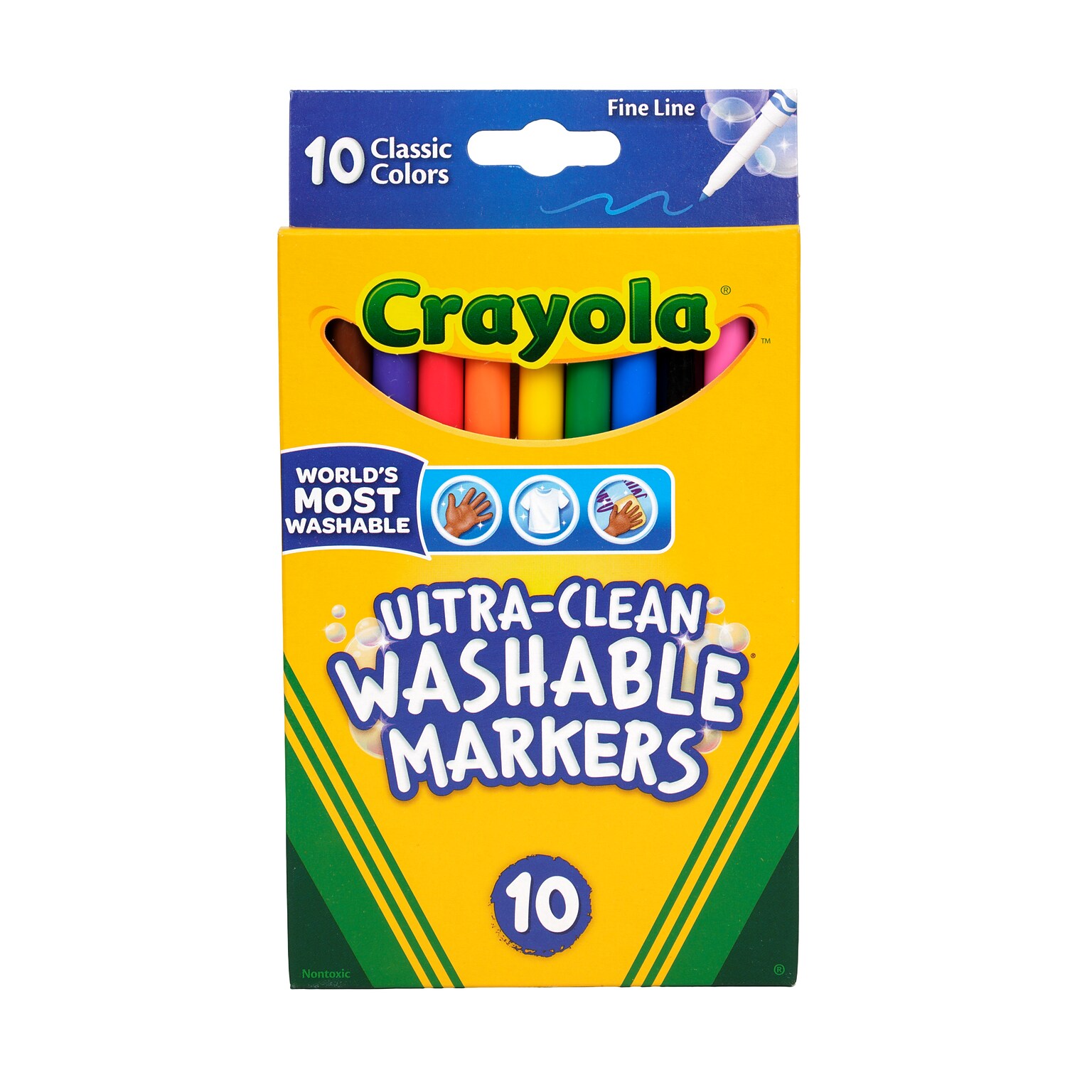 Crayola Ultra-Clean Washable Markers, Fine Line, Assorted Colors,  10/Box (58-7852)