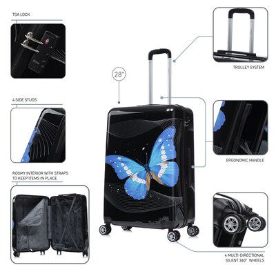 InUSA 28" Hardside Butterfly Suitcase, 4-Wheeled Spinner, TSA Checkpoint Friendly, Black Butterfly (IUAPC00L-BBU)