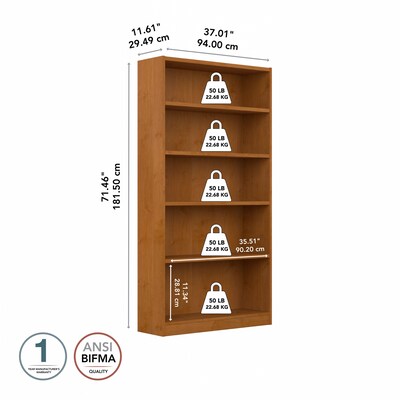 Bush Furniture Universal 72"H 5-Shelf Bookcase with Adjustable Shelves, Natural Cherry Laminated Wood (WL12467)