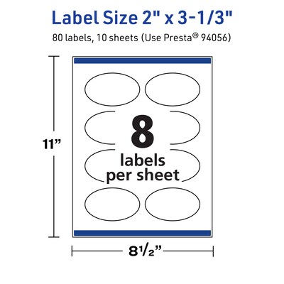 Avery TrueBlock Laser/Inkjet Oval Multipurpose Labels, 2" x 3-1/3", White, 80/Pack (94056)