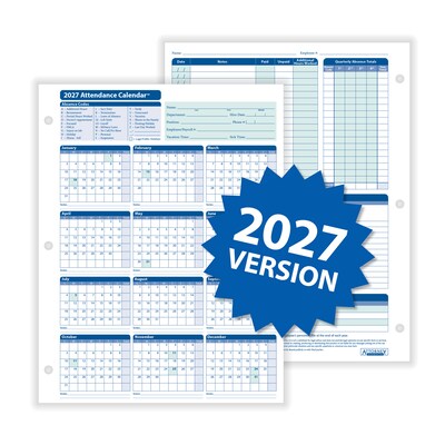 ComplyRight 2027 Attendance Calendar Card, 50 Forms/Pack (A4000W50)