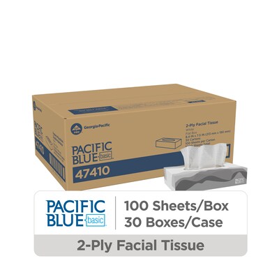 Pacific Blue Basic Facial Tissue, 2-ply, 100 Tissues/Box, 30 Boxes/Pack (47410)