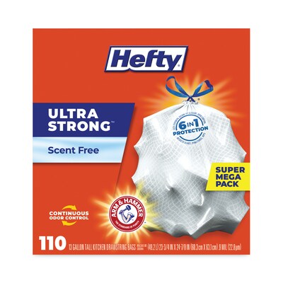 Hefty® Ultra Strong Tall Kitchen and Trash Bags, 13 gal, 0.9 mil, 23.75" x 24.88", White, 110 Bags/Box, 3 Boxes/Carton