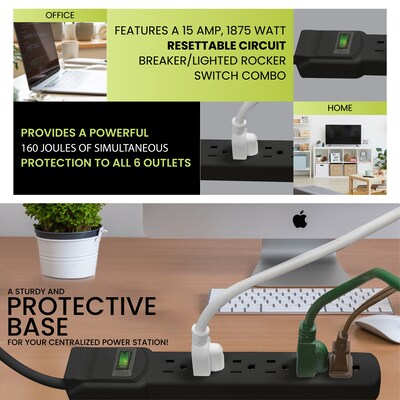 GoGreen Power 2.5' Surge Protector, 6 Outlet, Black (GG-16103MSBK)