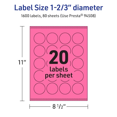 Avery Round Laser/Inkjet Multipurpose Labels, 1-2/3" Dia, Bright Pink (1600/Box)