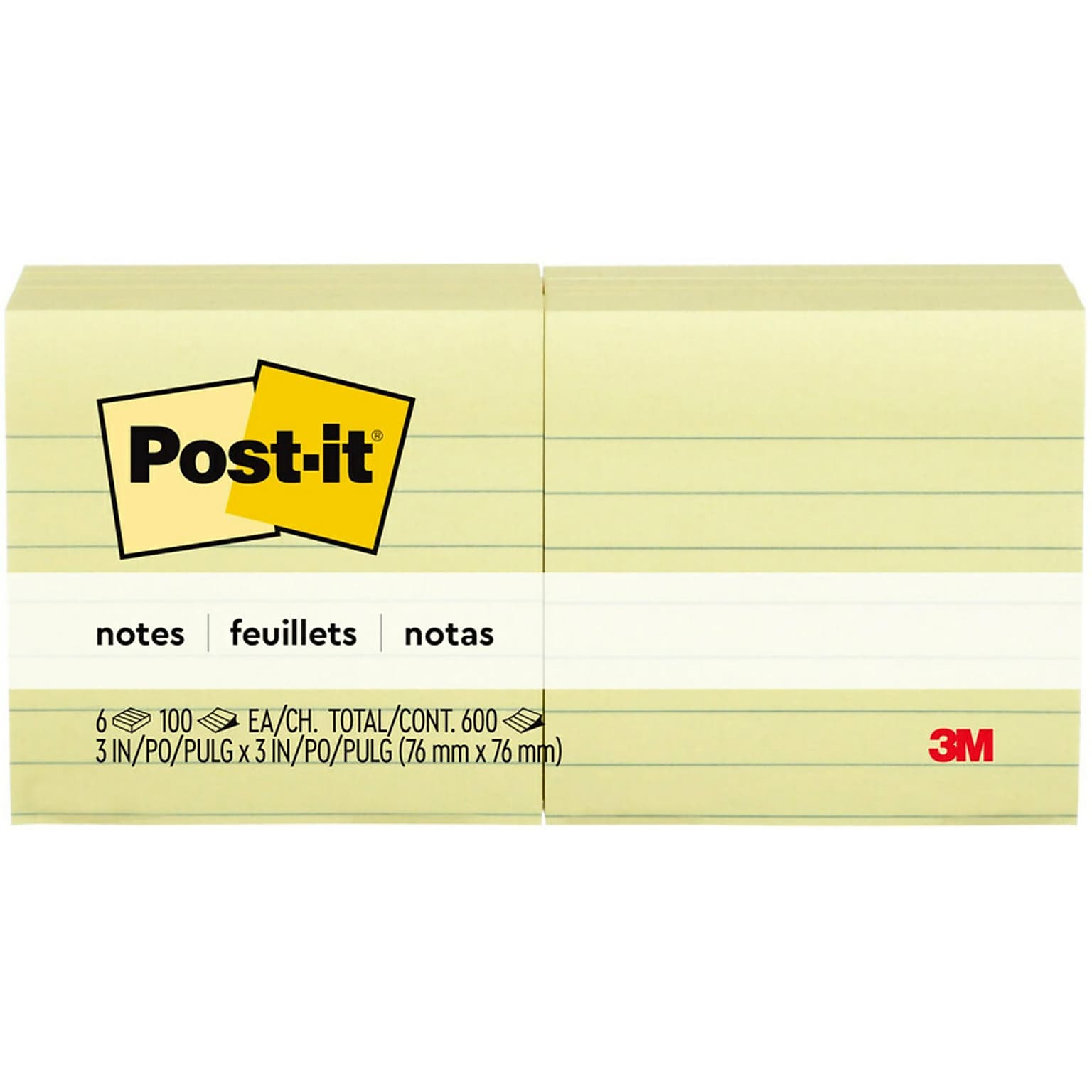 Post-it Sticky Notes, 3 x 3 in., 6 Pads, 100 Sheets/Pad, Lined, The Original Post-it Note, Canary Yellow