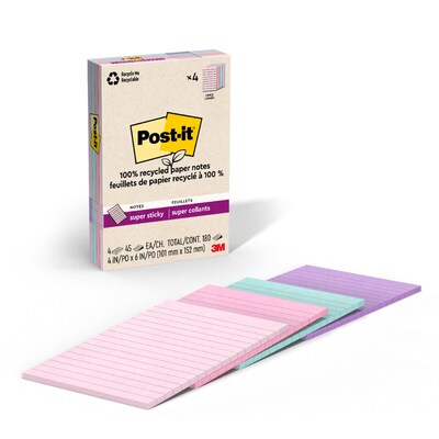 Post-it Recycled Super Sticky Notes, 4 x 6, Wanderlust Pastels Collection, 45 Sheets/Pad, 4 Pads/P