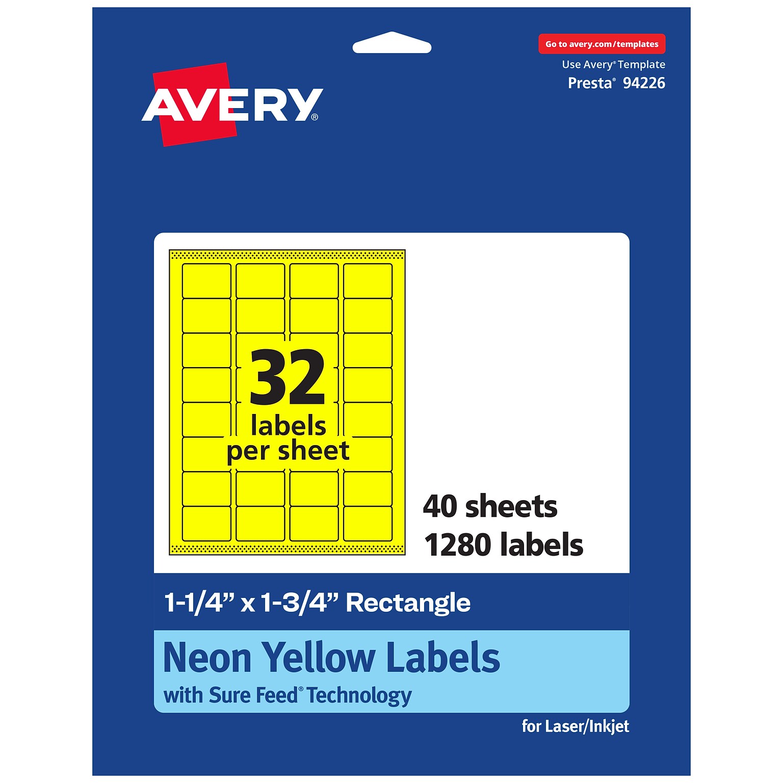 Avery Laser/Inkjet Rectangle Multipurpose Labels, 1.25 x 1.75, Neon Yellow, 1280/Pack (94226)