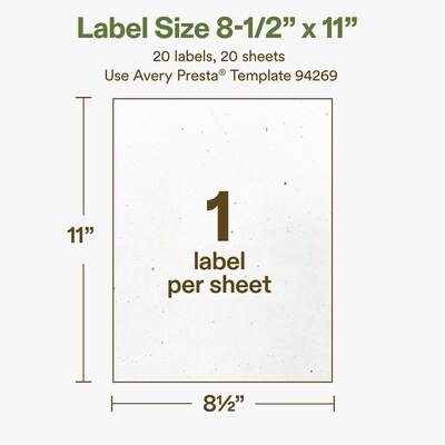 Avery Hemp Rectangle Laser/Inkjet Multipurpose Labels, 8-1/2" x 11", Off-White (20/Pack)