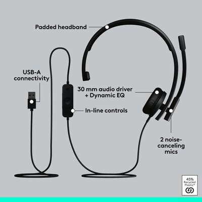 Logitech H570e USB-A Noise Canceling Mono Over-the-head Headset, MT Certified (981-001424)