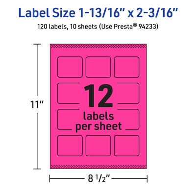 Avery Rectangle Laser/Inkjet Multipurpose Labels, 1-13/16" x 2-3/16", Neon Magenta (120/Pack)
