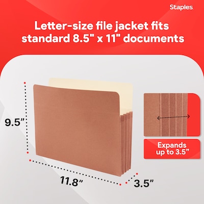 Staples Reinforced File Pocket, 3.5" Expansion, Letter Size, Brown, 25/Box (ST418293)