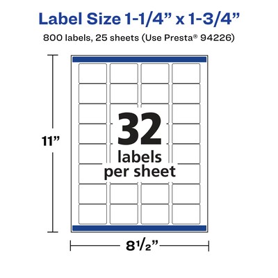 Avery Laser/Inkjet Multipurpose Rectangle Labels, 1.25" x 1.75", White, 800 Labels/Pack (94226)