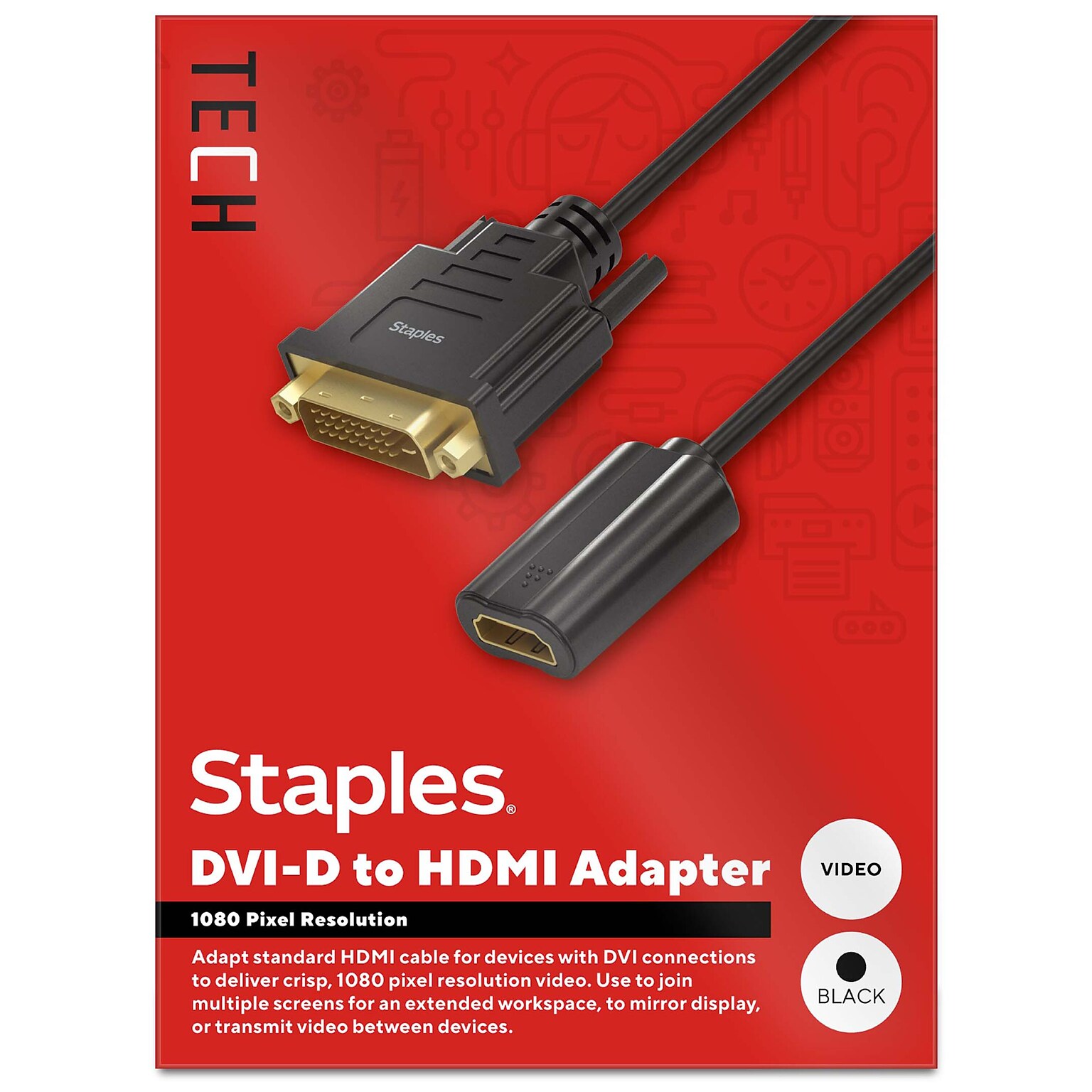 Staples TECH DVI-D to HDMI Audio/Video Adapter, Male to Female, Black (ST62359)