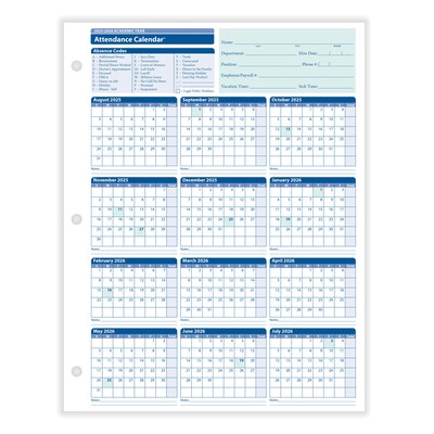 ComplyRight 2025-2026 Academic Year Attendance Calendar Cards, 50/Pack (A43005015)