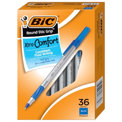 BIC Round Stic Grip Xtra Comfort Ballpoint Pen, Medium Point, Blue Ink, 36/pack (GSMG361BLU)