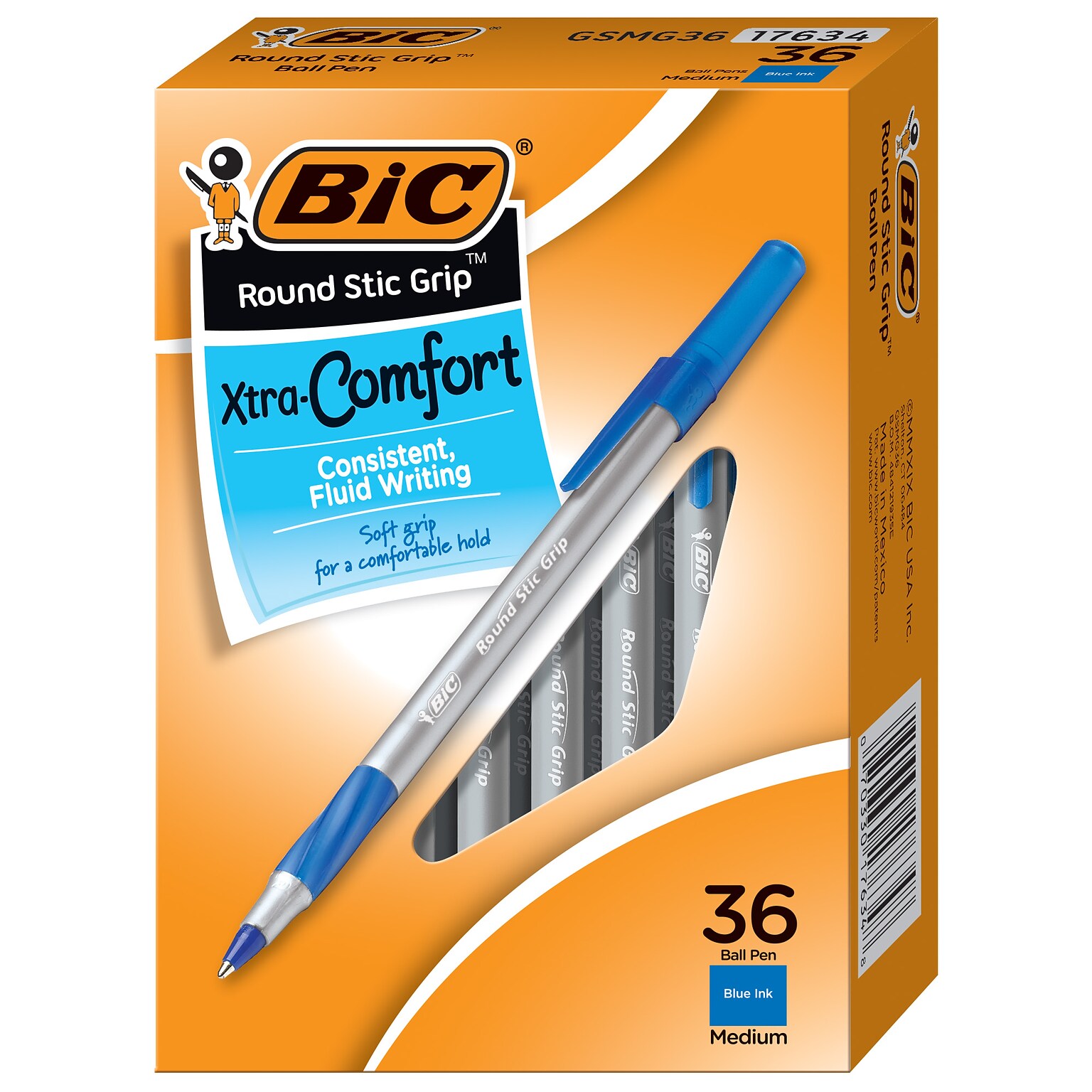 BIC Round Stic Grip Xtra Comfort Ballpoint Pen, Medium Point, 1.2mm, Blue Ink, 36/pack (GSMG361BLU)